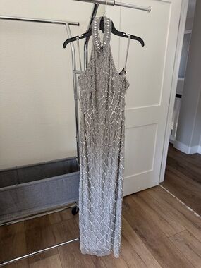 Aidan Mattox Silver Beaded Halter Maxi Dress
